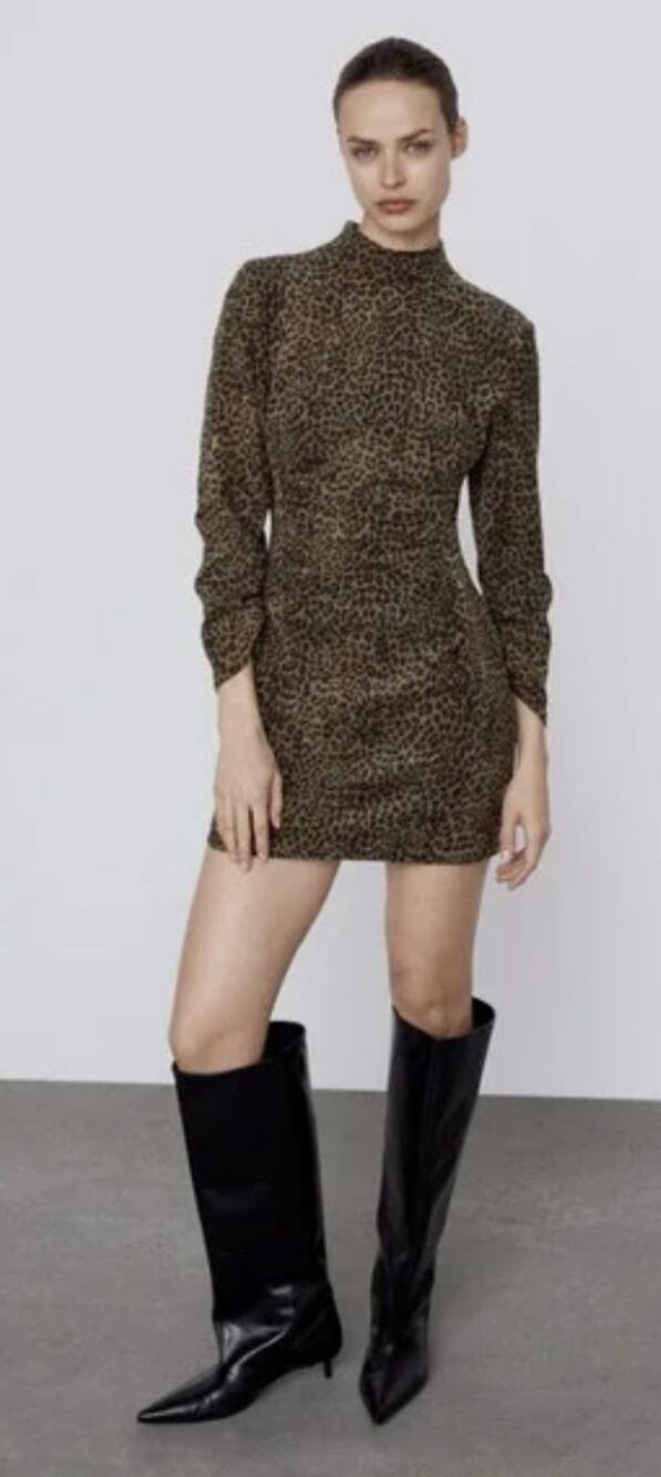 Zara Corduroy Animal Print Long Sleeve Ruched Mini Dress Womens Size XS Leopard